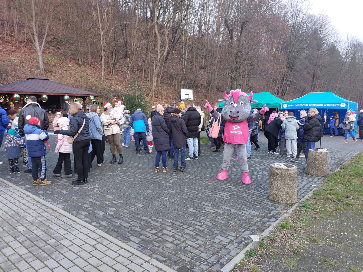 Uczestnicy imprezy "Spotkanie przy choince" w Czernej w towarzystwie maskotki TAURONEK
